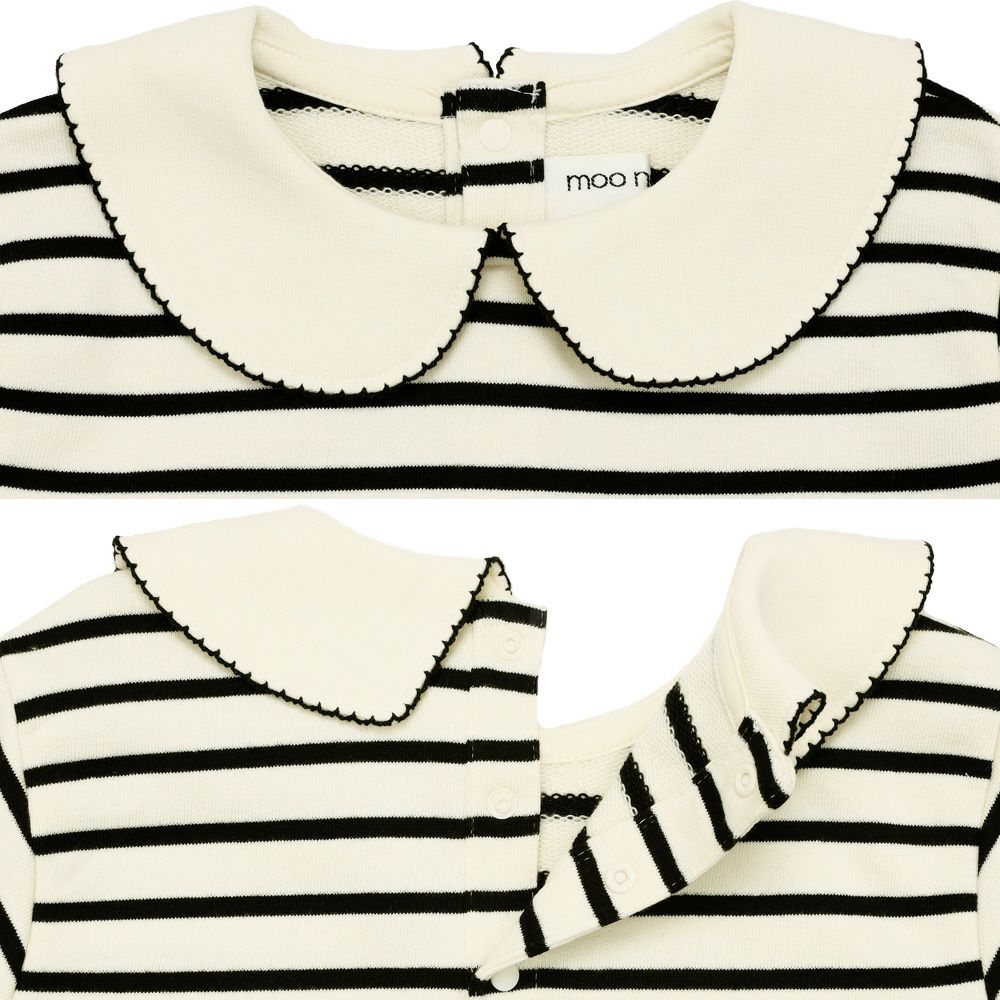 音符刺繍 襟付き ボーダー柄 裏毛トレーナー White/Black Design point 1