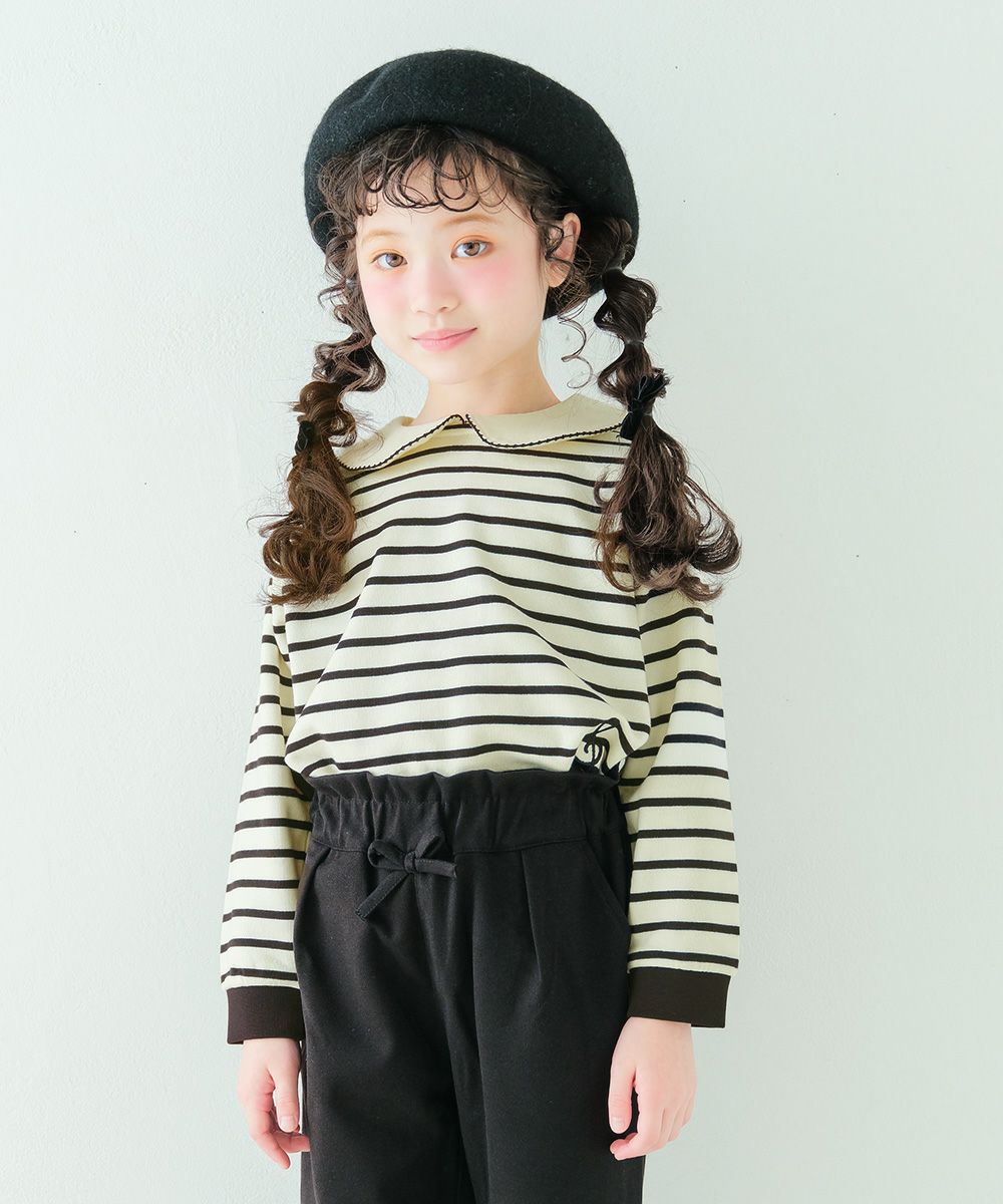 音符刺繍 襟付き ボーダー柄 裏毛トレーナー White/Black model image up