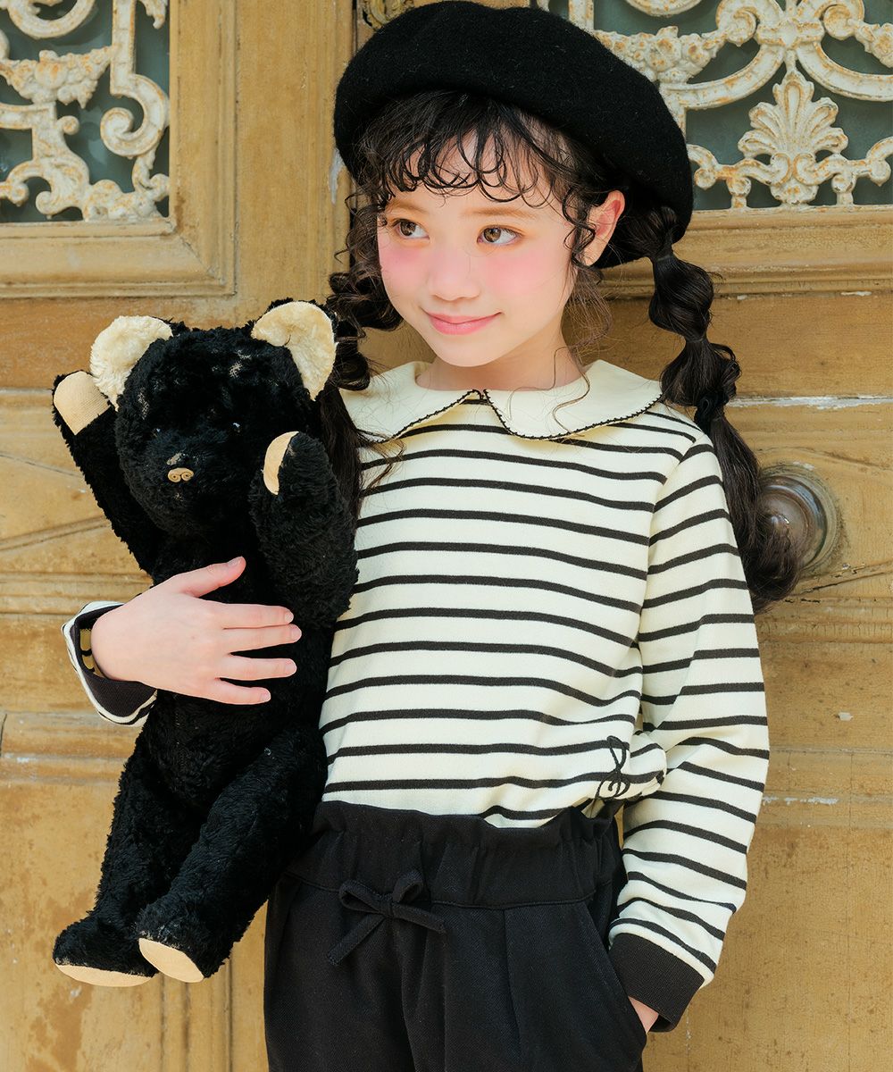 音符刺繍 襟付き ボーダー柄 裏毛トレーナー White/Black model image 1