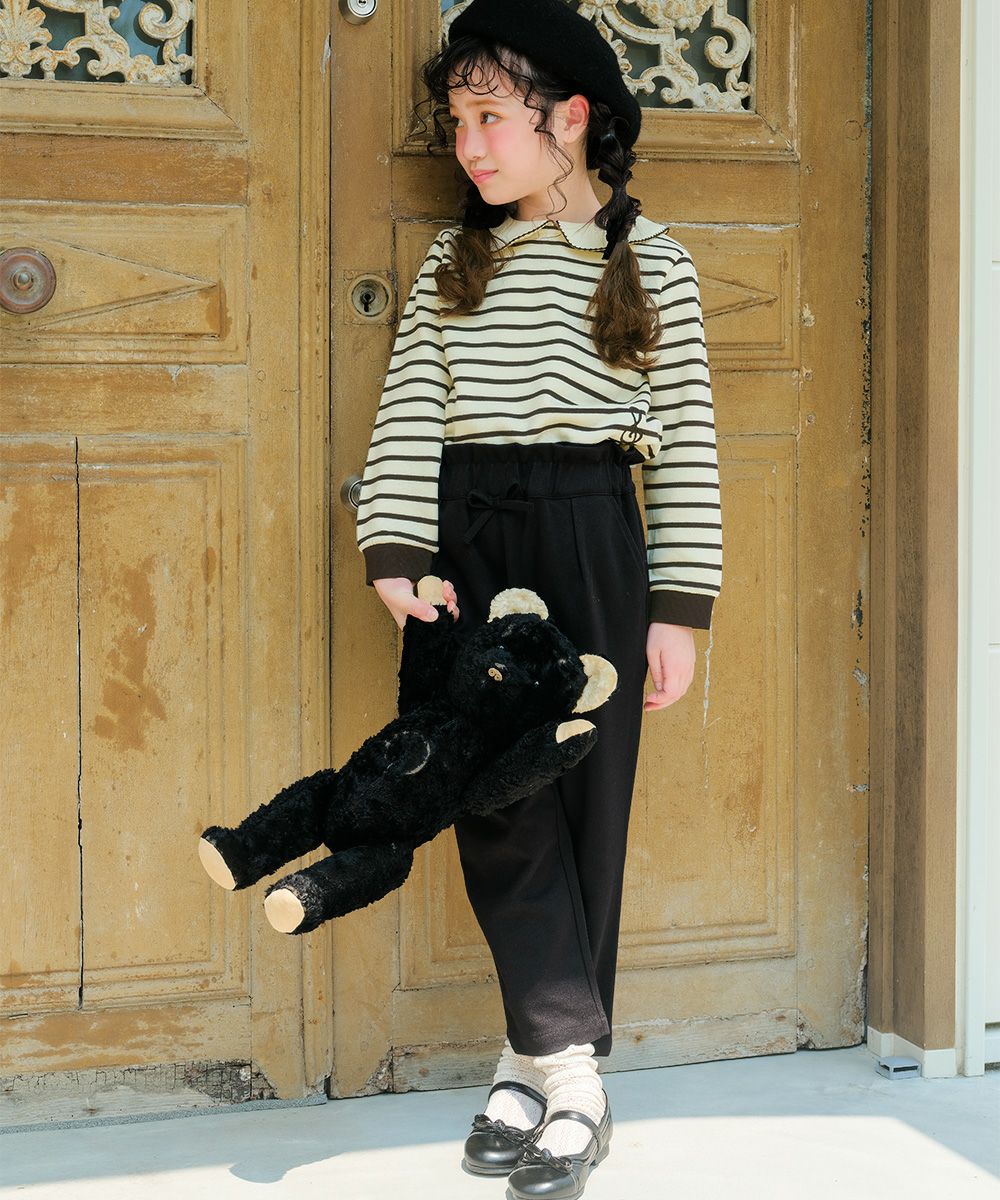 音符刺繍 襟付き ボーダー柄 裏毛トレーナー White/Black model image 2