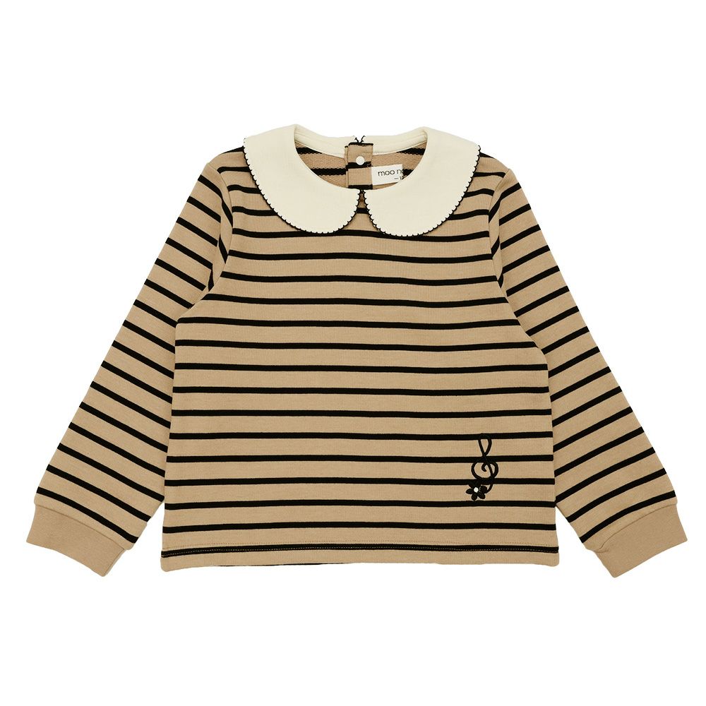 音符刺繍 襟付き ボーダー柄 裏毛トレーナー Beige front