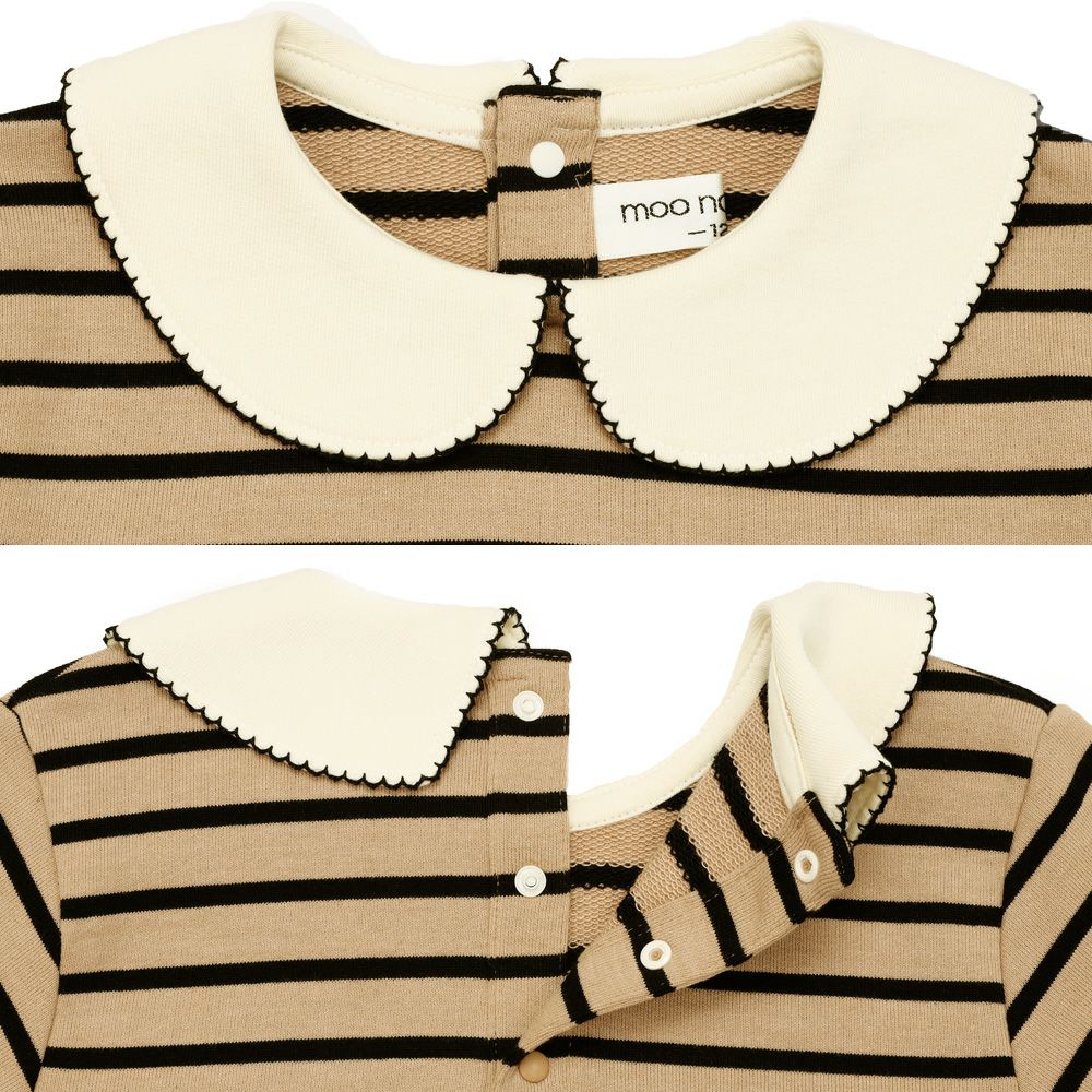 音符刺繍 襟付き ボーダー柄 裏毛トレーナー Beige Design point 1