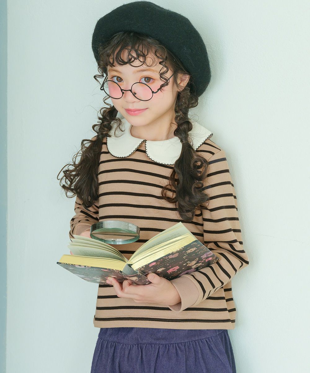 音符刺繍 襟付き ボーダー柄 裏毛トレーナー Beige model image 1