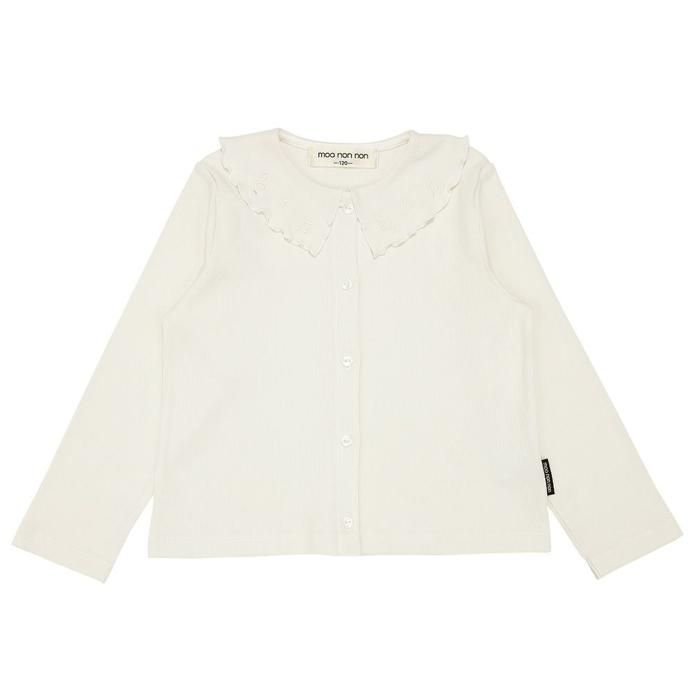 音符刺繍フリル襟 リブカーディガン Off White front