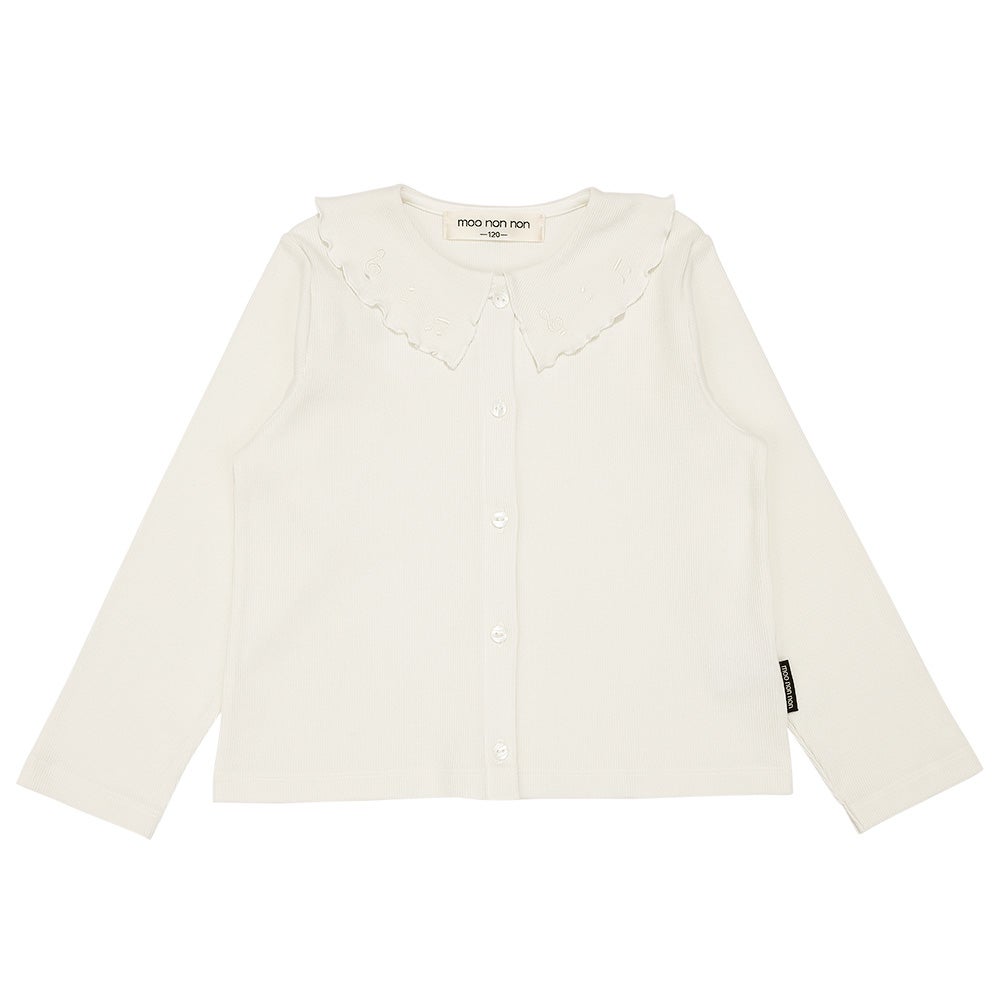 音符刺繍フリル襟 リブカーディガン Off White front