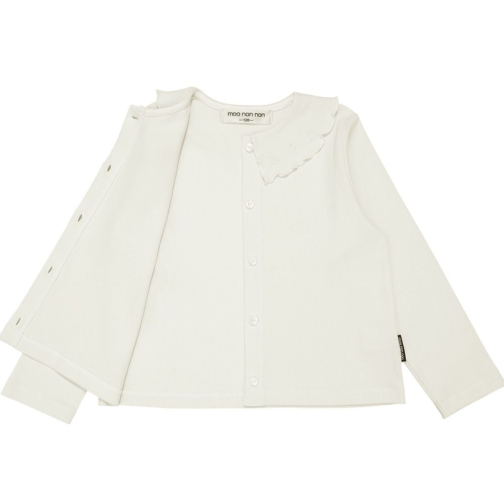 音符刺繍フリル襟 リブカーディガン Off White Design point 1