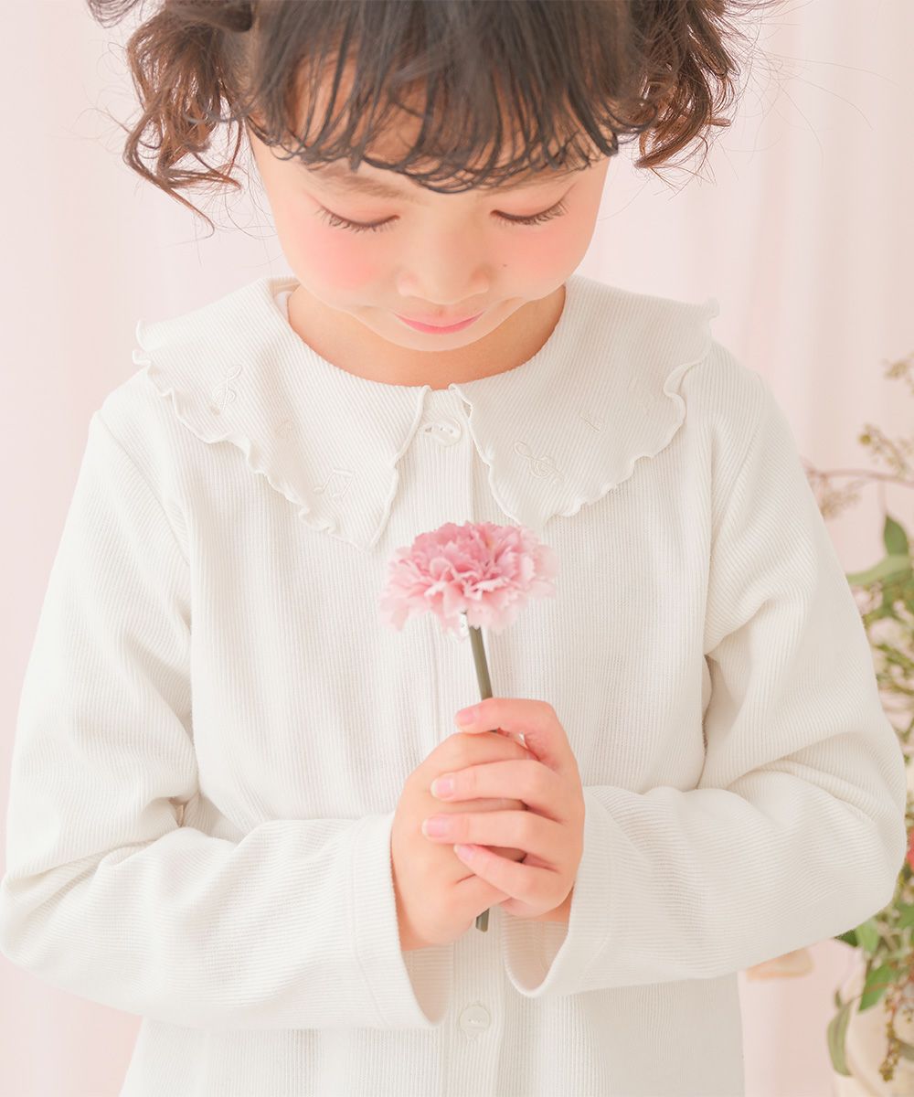 音符刺繍フリル襟 リブカーディガン Off White model image up