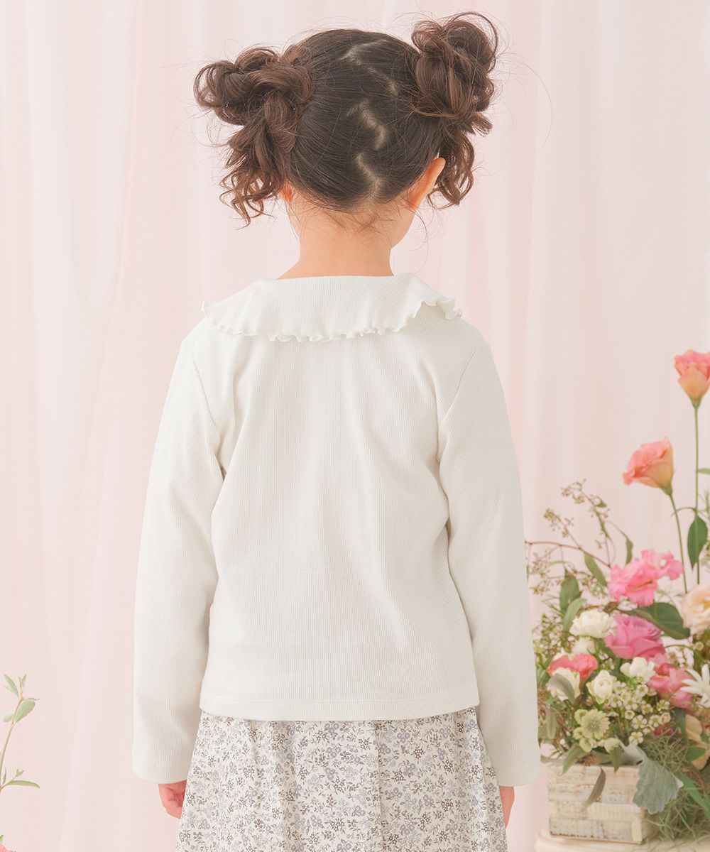 音符刺繍フリル襟 リブカーディガン Off White model image whole body