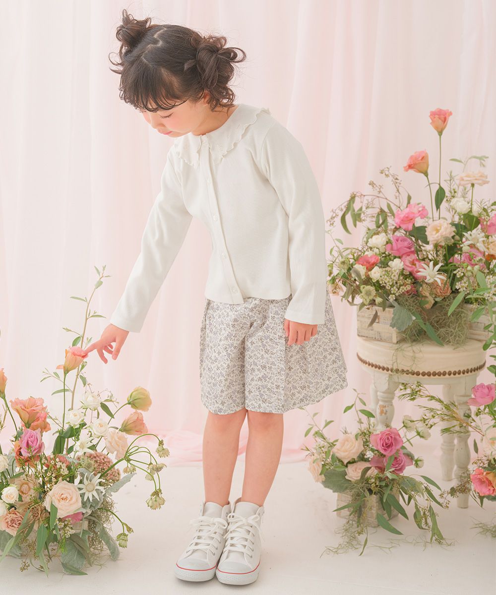 音符刺繍フリル襟 リブカーディガン Off White model image 1