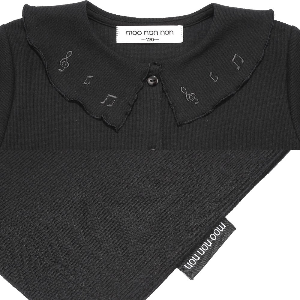 音符刺繍フリル襟 リブカーディガン Black Design point 2