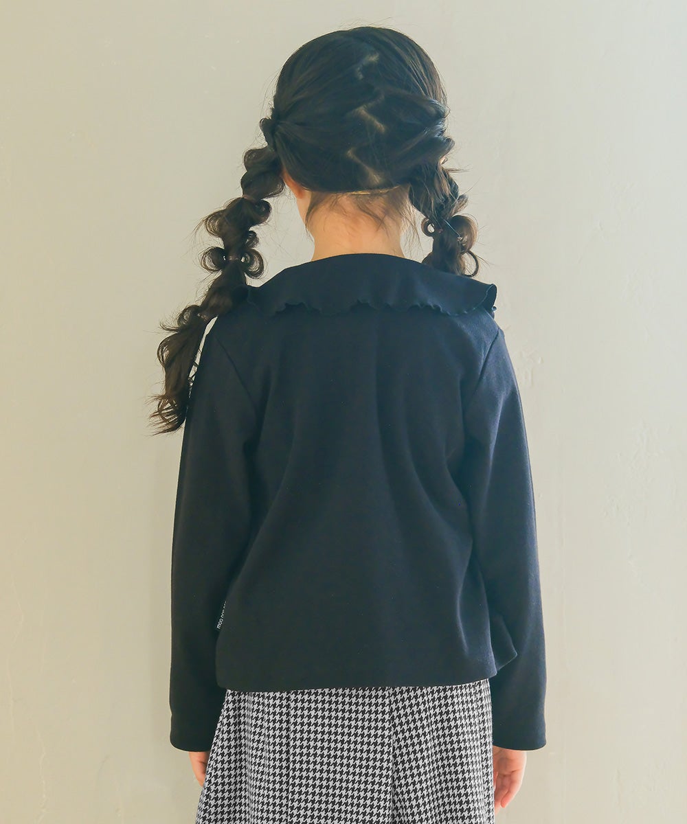 音符刺繍フリル襟 リブカーディガン Black model image whole body