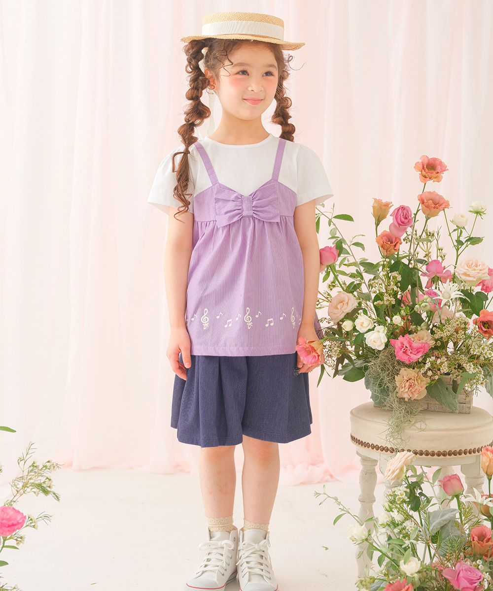 デニムツイルニット音符ワッペンキュロットパンツ Navy model image whole body