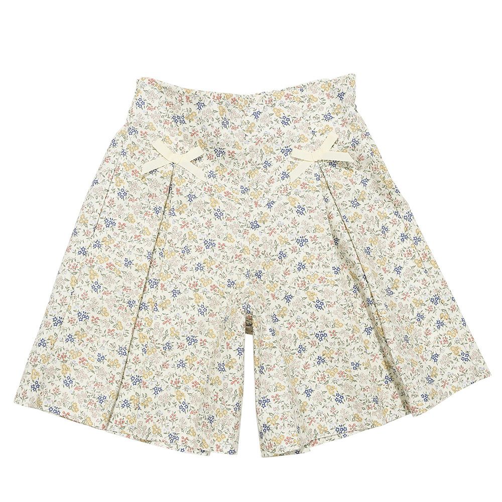 綿100％小花柄リボンつき キュロットパンツ Yellow front