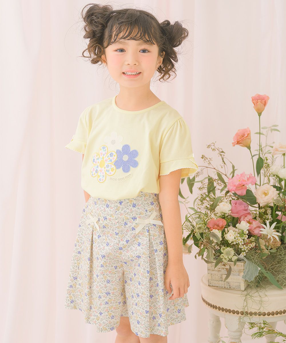 綿100％小花柄リボンつき キュロットパンツ Yellow model image up