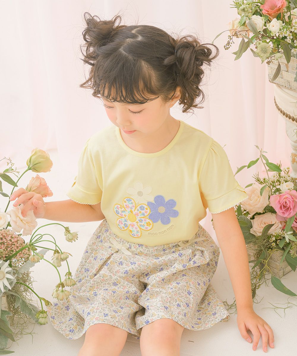 綿100％小花柄リボンつき キュロットパンツ Yellow model image 1