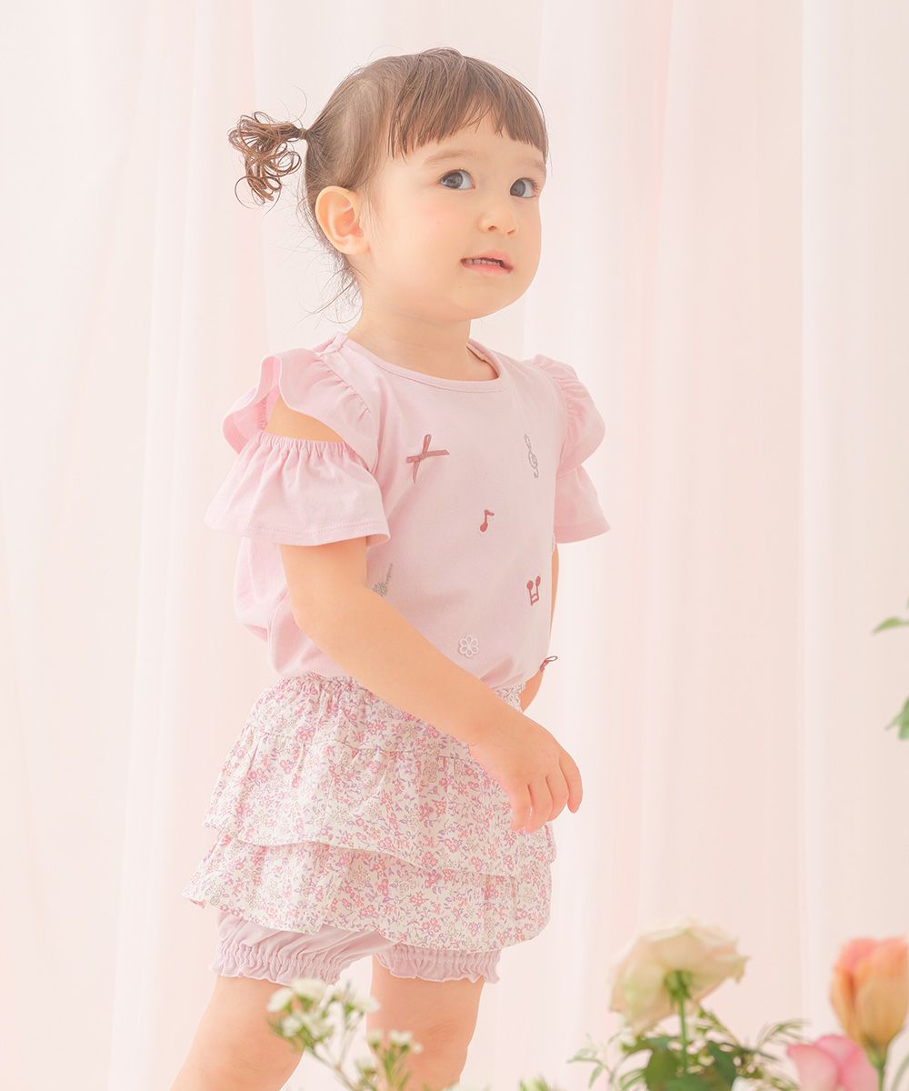 綿100％小花柄フリルかぼちゃパンツ Pink model image whole body