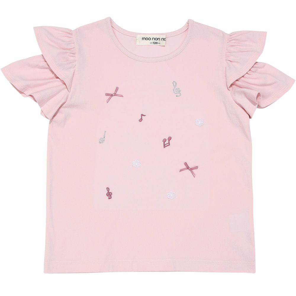 綿100％音符刺繍 肩あきフリル袖Ｔシャツ Pink front