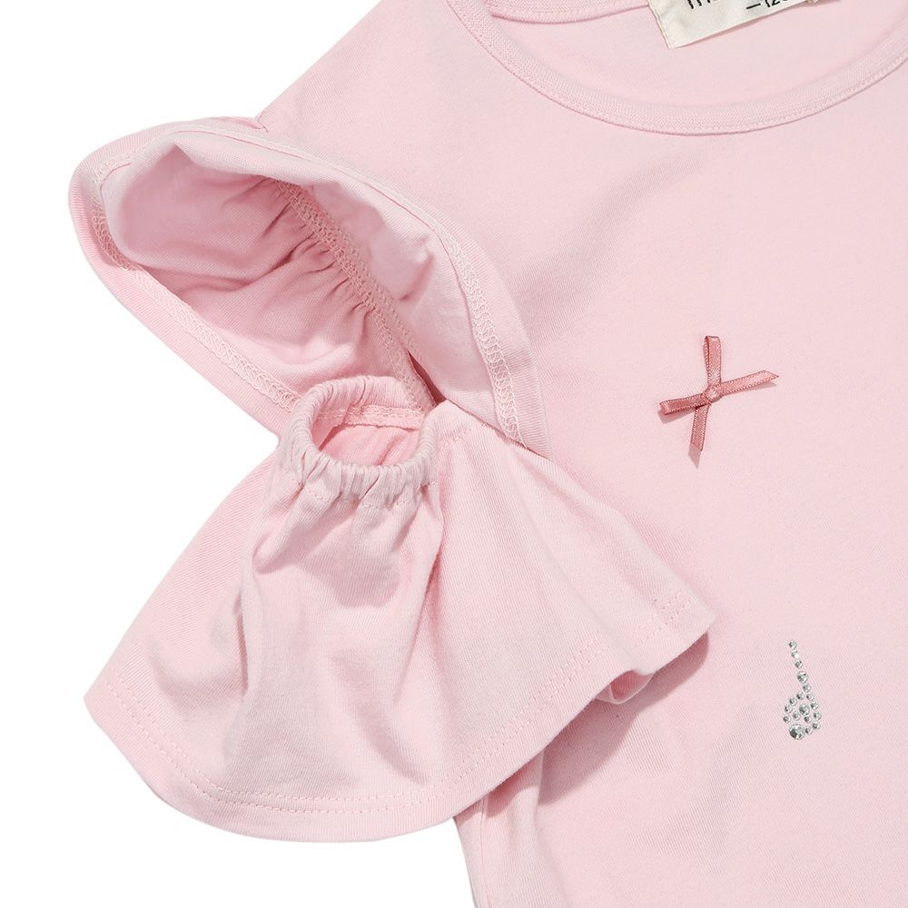 綿100％音符刺繍 肩あきフリル袖Ｔシャツ Pink Design point 2