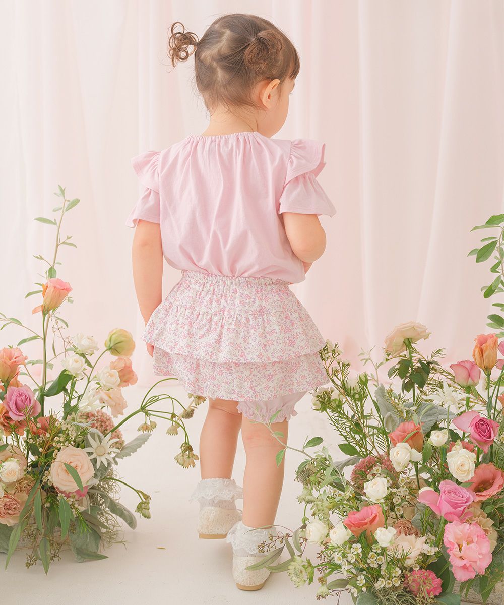 綿100％音符刺繍 肩あきフリル袖Ｔシャツ Pink model image whole body