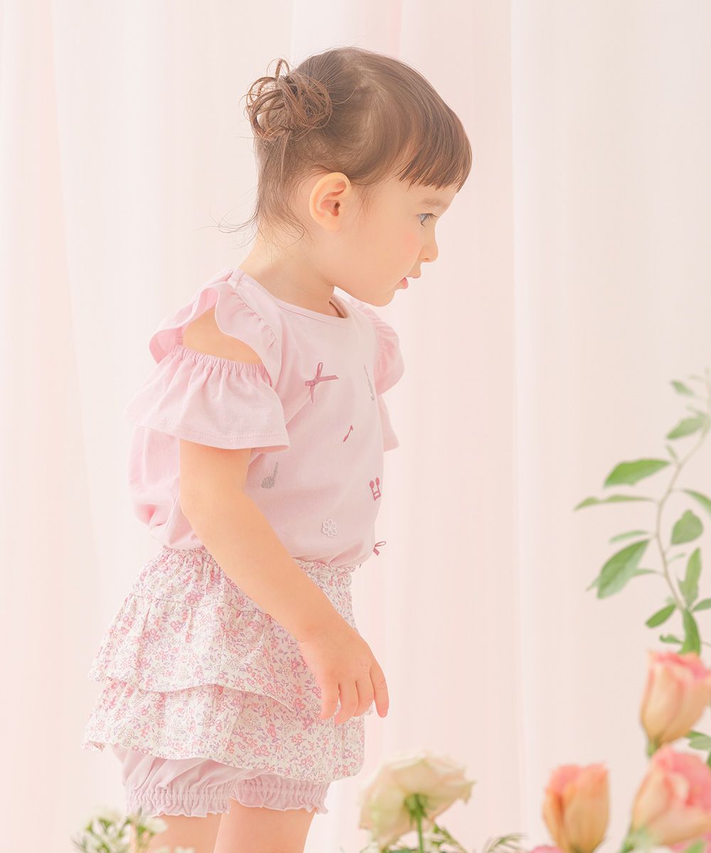 綿100％音符刺繍 肩あきフリル袖Ｔシャツ Pink model image 1