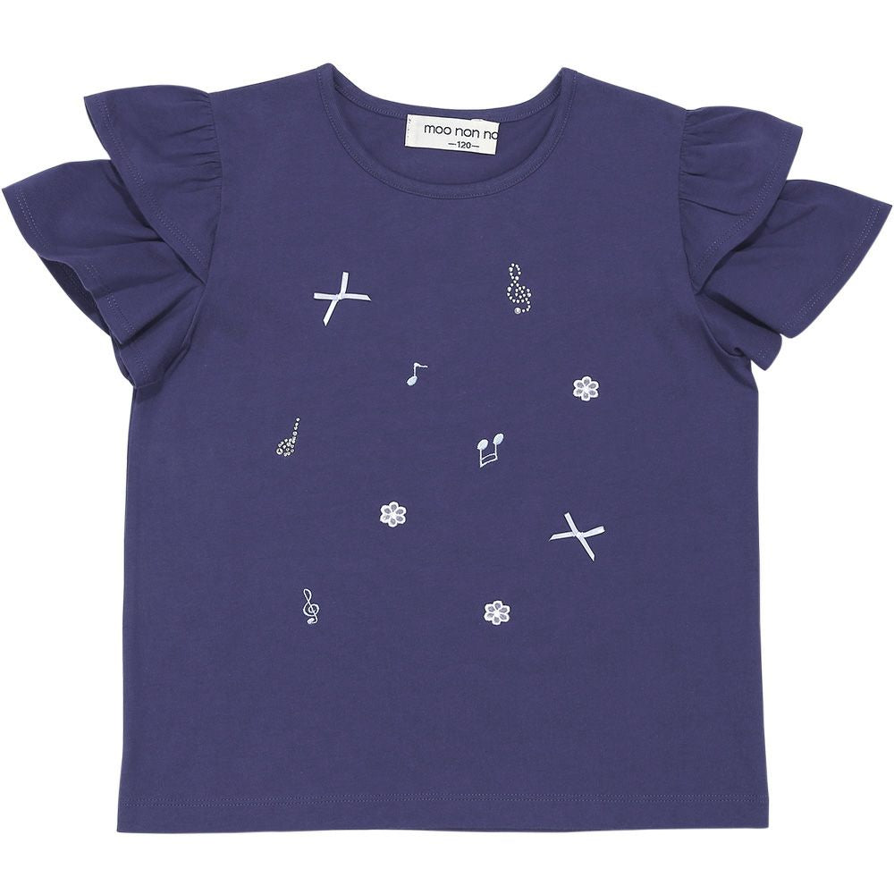 綿100％音符刺繍 肩あきフリル袖Ｔシャツ Navy front