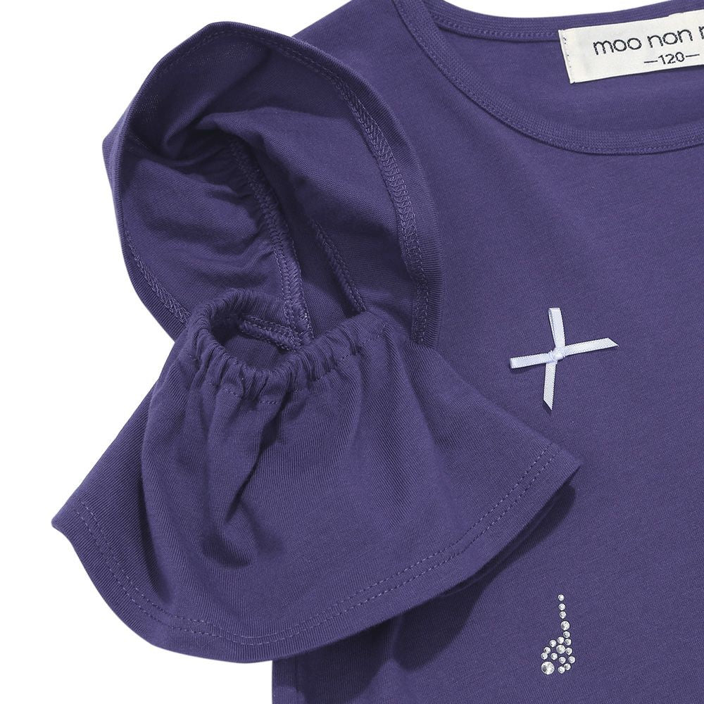 綿100％音符刺繍 肩あきフリル袖Ｔシャツ Navy Design point 2