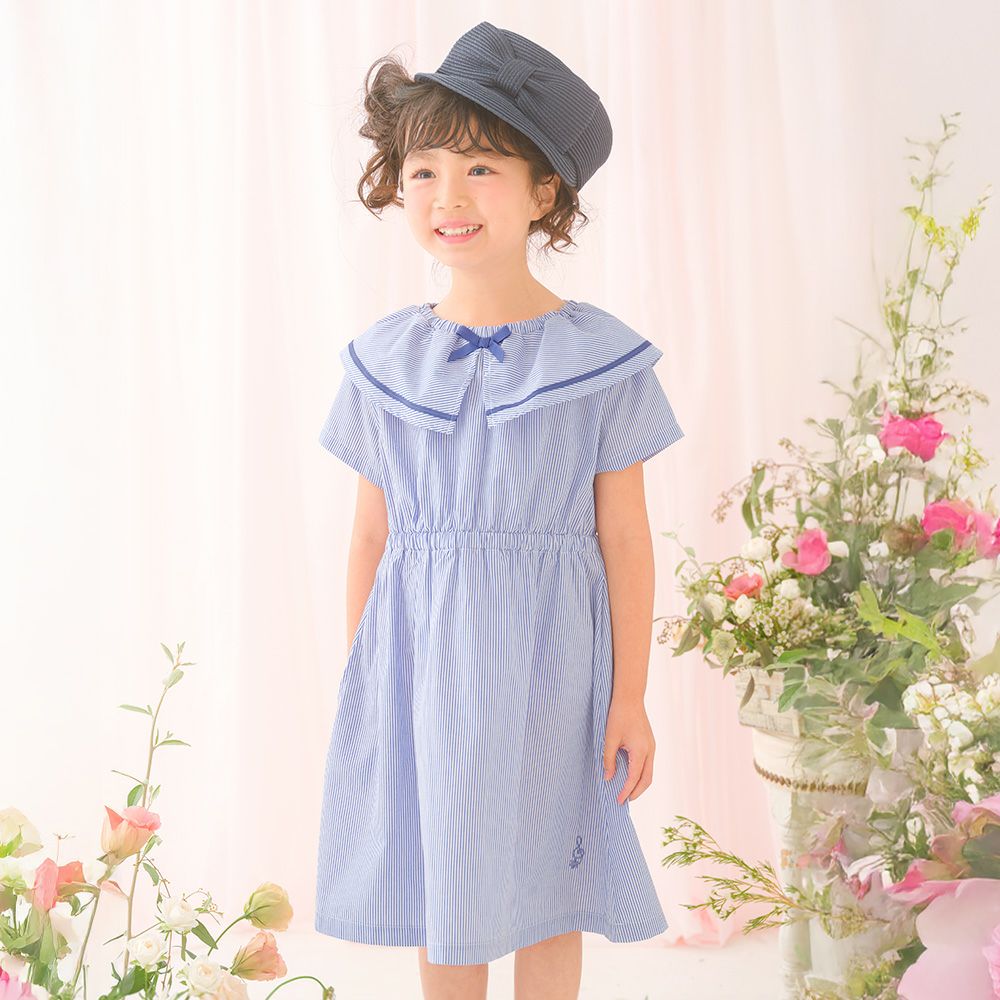 ストライプ柄 リボン襟付き 音符刺繍ワンピース  MainImage