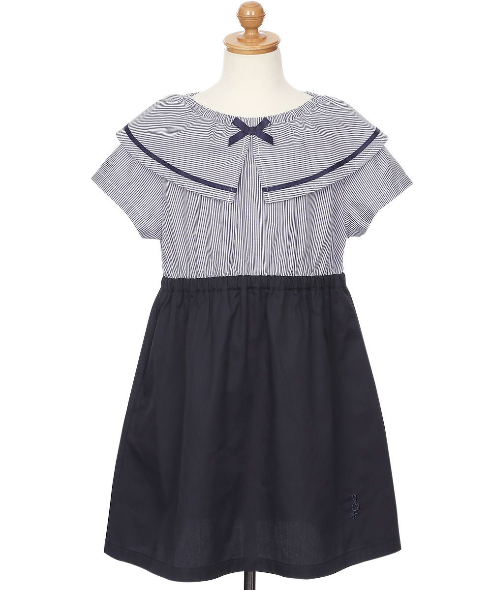 ストライプ柄 リボン襟付き 音符刺繍ワンピース Navy torso