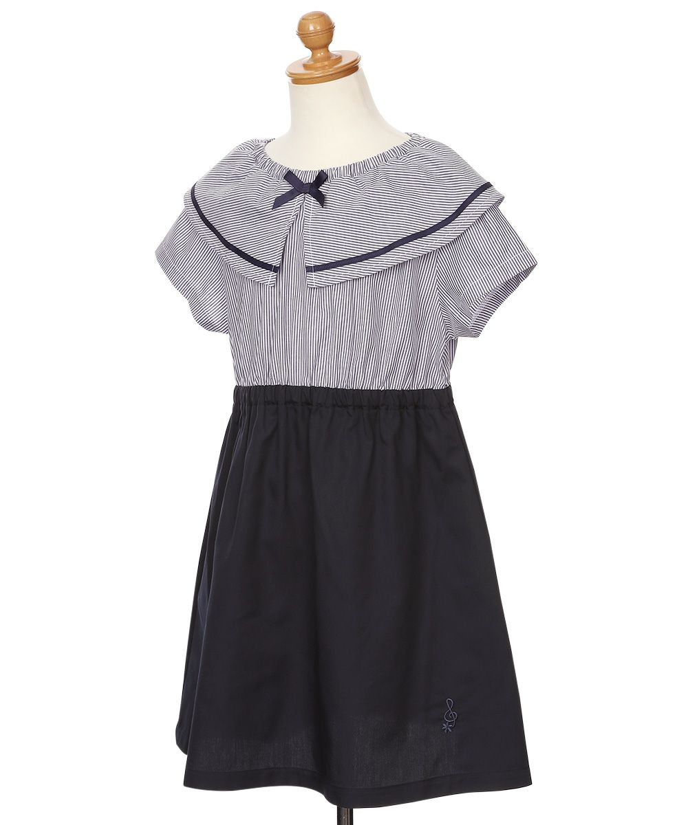 ストライプ柄 リボン襟付き 音符刺繍ワンピース Navy torso