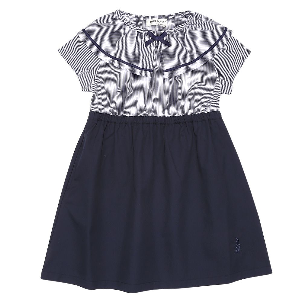 ストライプ柄 リボン襟付き 音符刺繍ワンピース Navy front