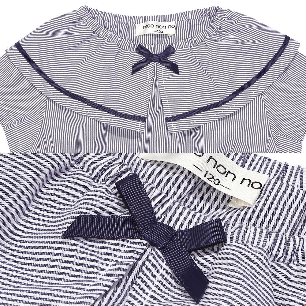 ストライプ柄 リボン襟付き 音符刺繍ワンピース Navy Design point 1
