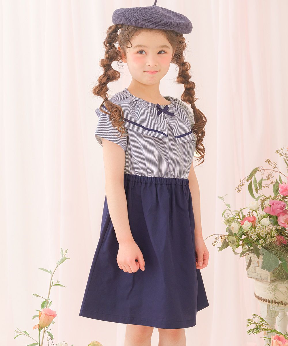 ストライプ柄 リボン襟付き 音符刺繍ワンピース Navy model image up