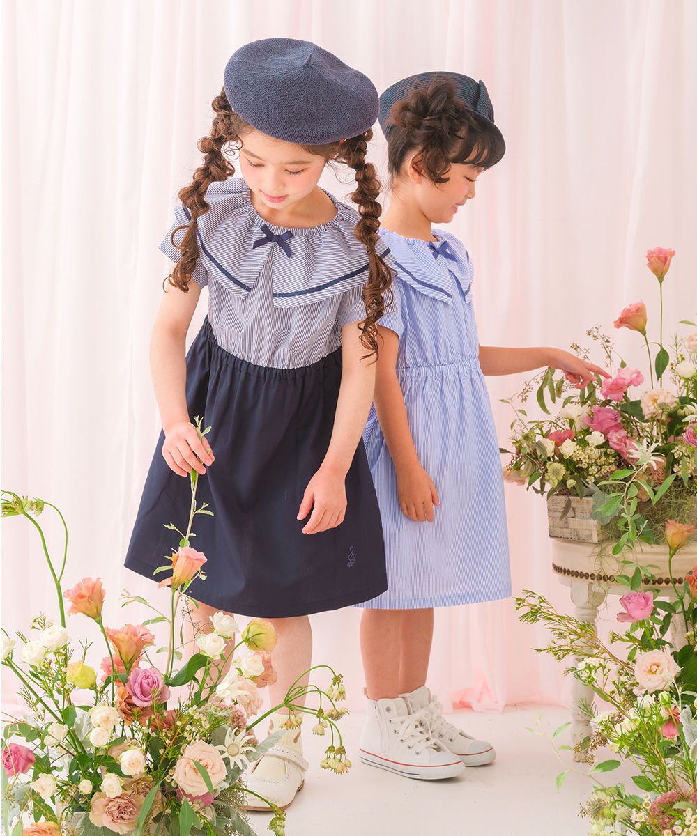 ストライプ柄 リボン襟付き 音符刺繍ワンピース Navy model image 3