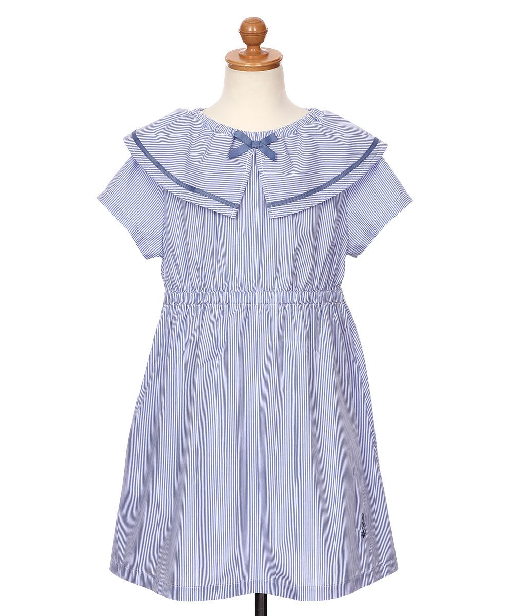 ストライプ柄 リボン襟付き 音符刺繍ワンピース Blue torso