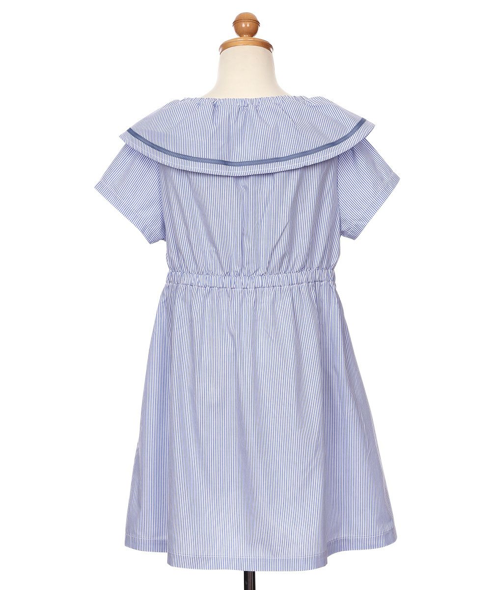 ストライプ柄 リボン襟付き 音符刺繍ワンピース Blue torso