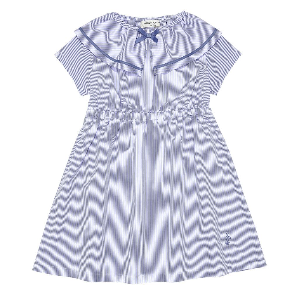 ストライプ柄 リボン襟付き 音符刺繍ワンピース Blue front