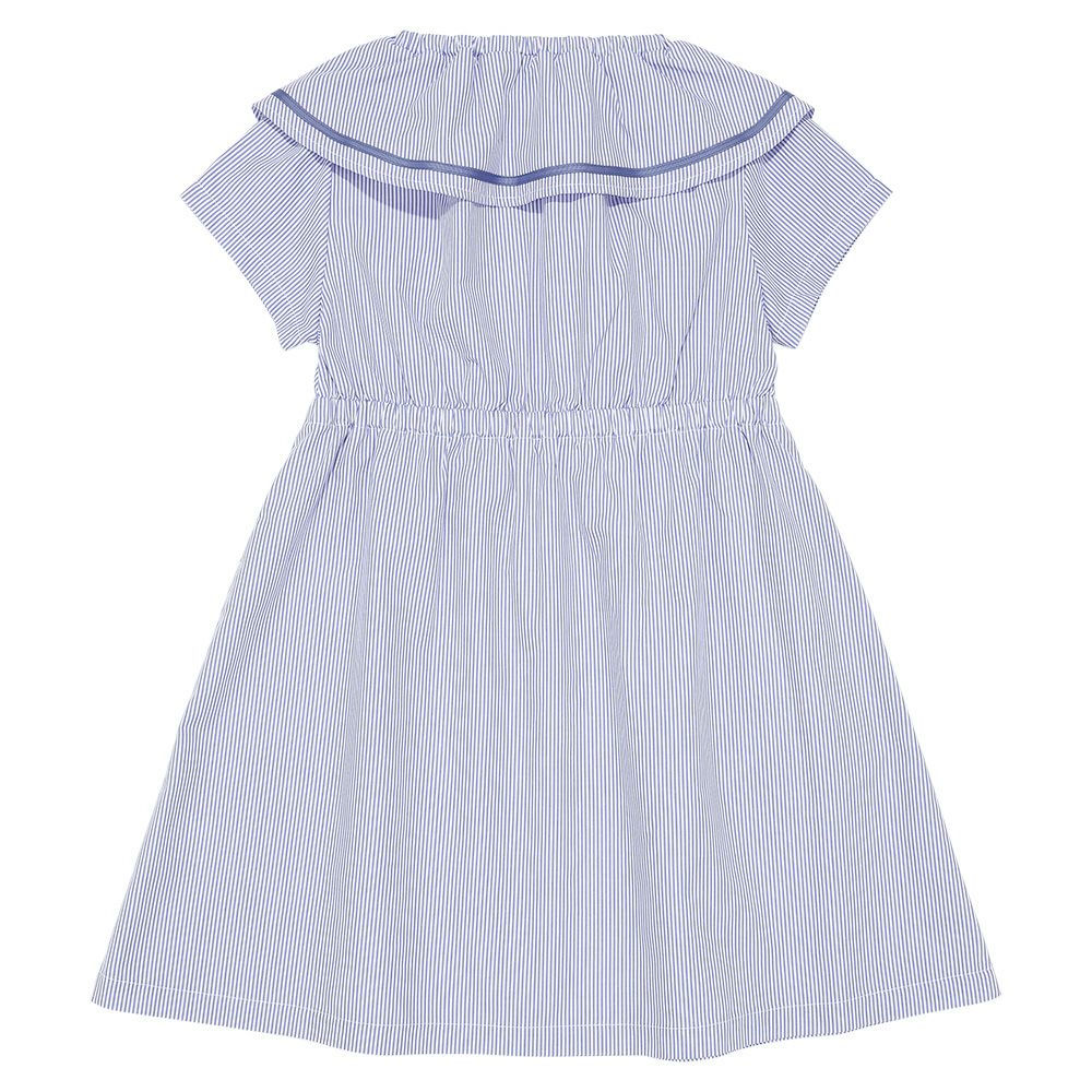 ストライプ柄 リボン襟付き 音符刺繍ワンピース Blue back