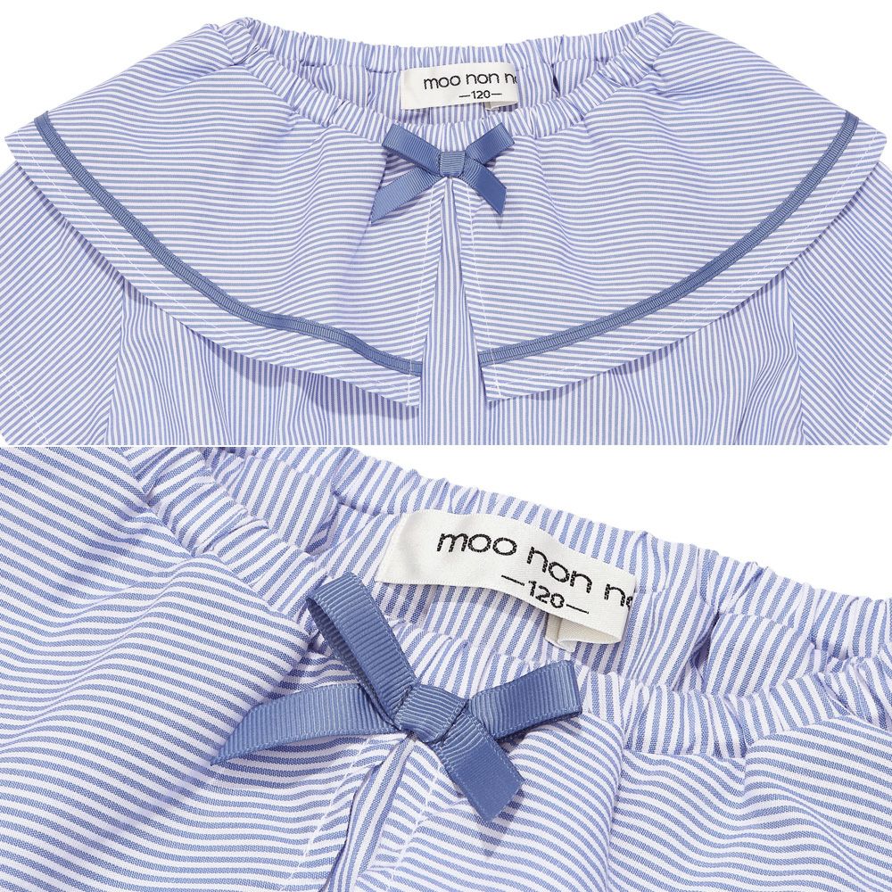 ストライプ柄 リボン襟付き 音符刺繍ワンピース Blue Design point 1