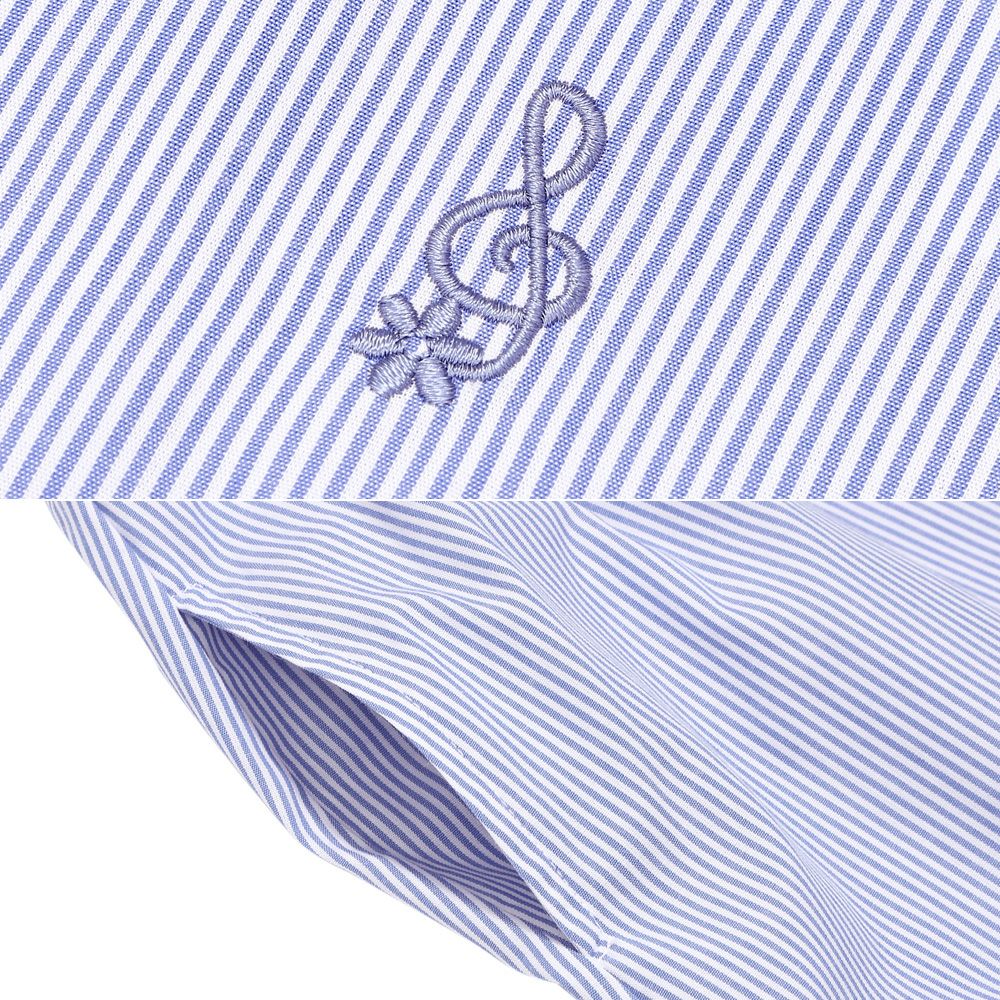 ストライプ柄 リボン襟付き 音符刺繍ワンピース Blue Design point 2