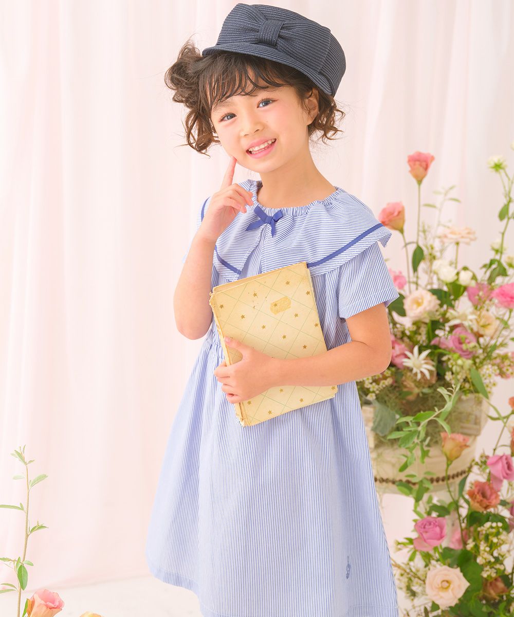 ストライプ柄 リボン襟付き 音符刺繍ワンピース Blue model image up