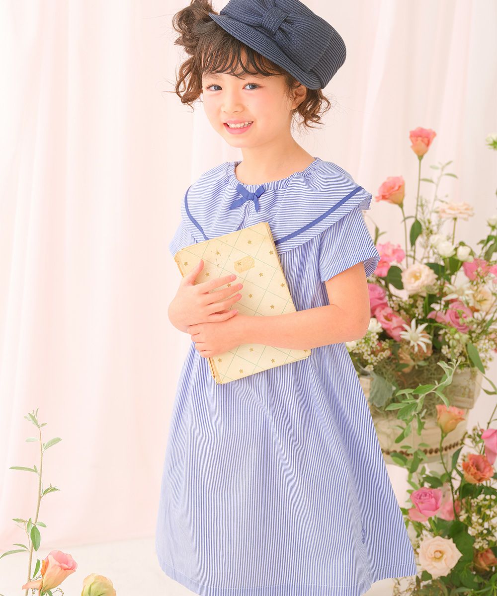 ストライプ柄 リボン襟付き 音符刺繍ワンピース Blue model image 1