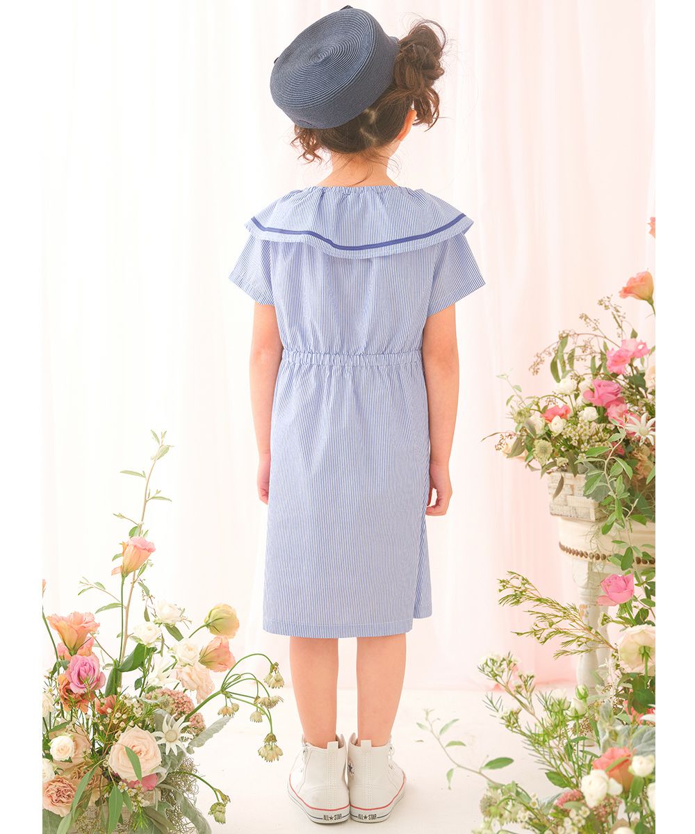 ストライプ柄 リボン襟付き 音符刺繍ワンピース Blue model image 2