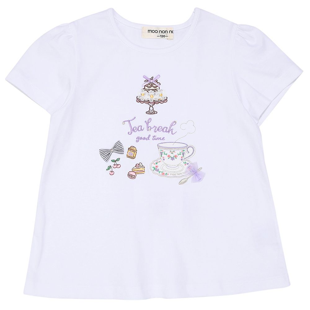 綿100％ ティーカップスイーツ刺繍 バックリボンTシャツ Off White front