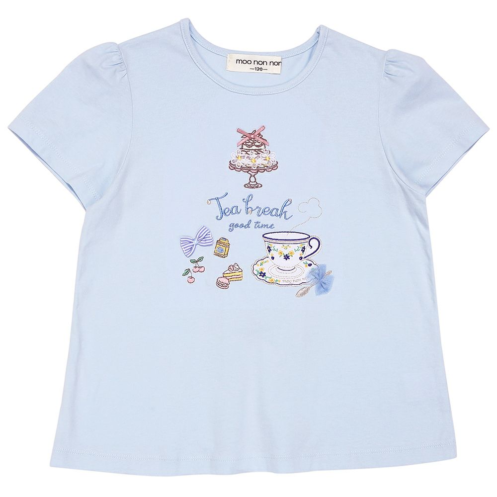 綿100％ ティーカップスイーツ刺繍 バックリボンTシャツ Blue front