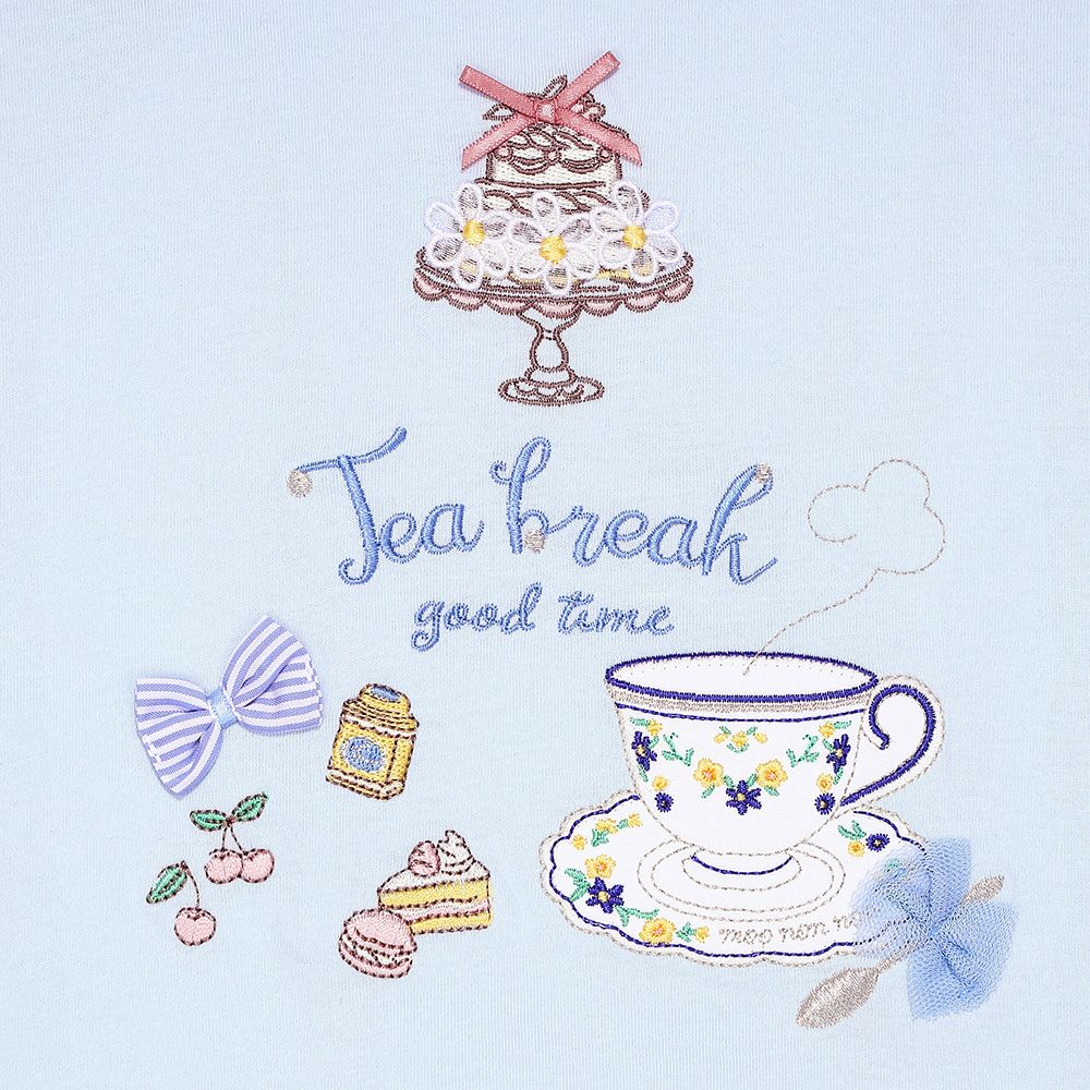 綿100％ ティーカップスイーツ刺繍 バックリボンTシャツ Blue Design point 1