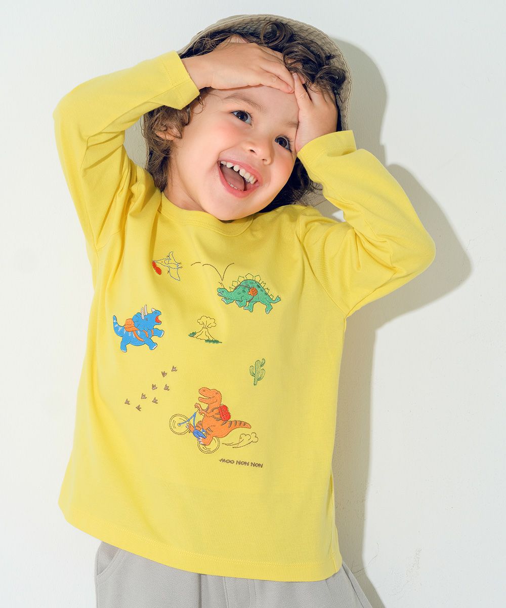 綿100％ 恐竜ワッペン刺繍Ｔシャツ Yellow model image up