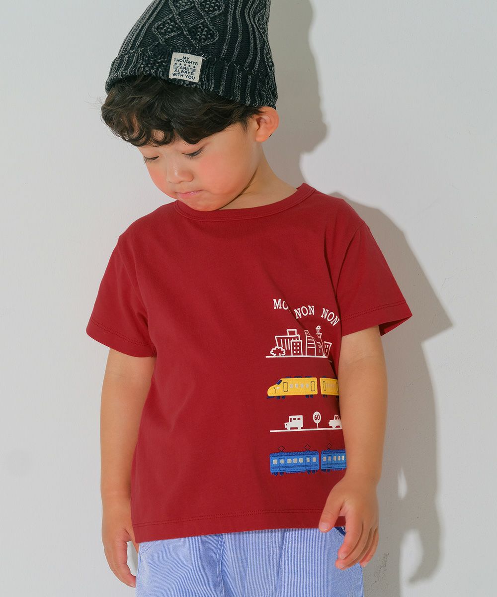 綿100％ 電車ワッペンプリントTシャツ Red model image up
