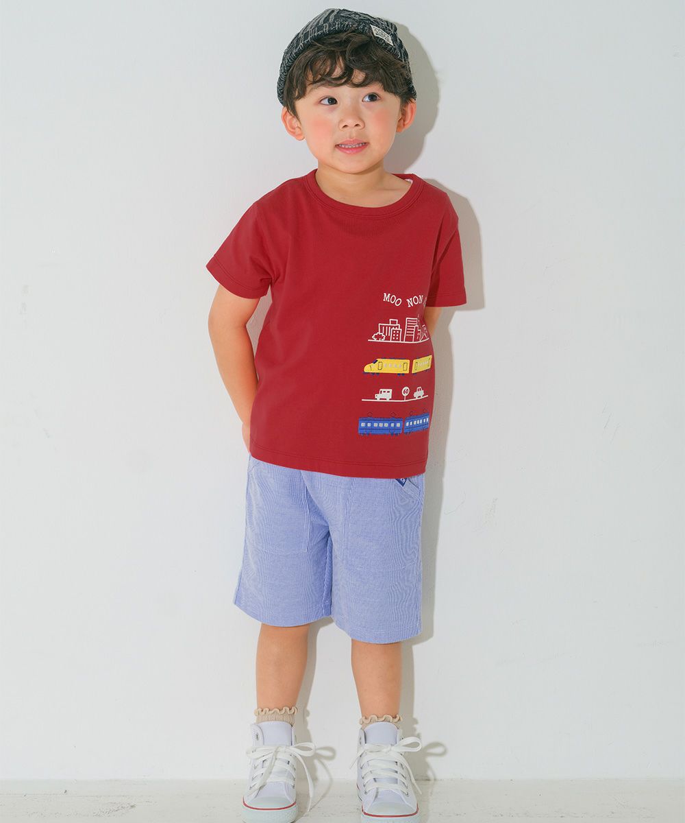 綿100％ 電車ワッペンプリントTシャツ Red model image whole body