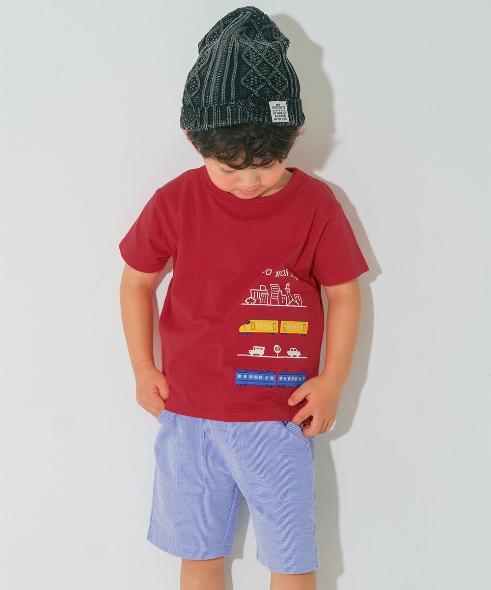 綿100％ 電車ワッペンプリントTシャツ Red model image 1