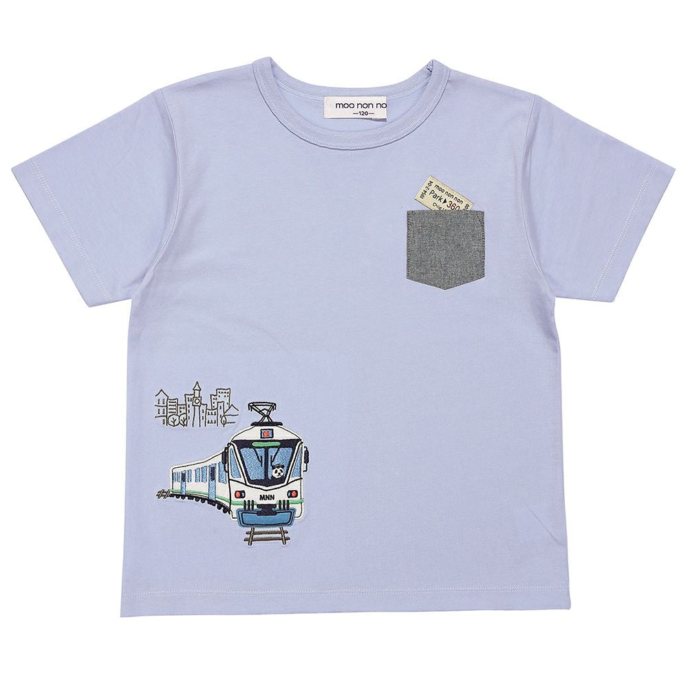 綿100％ 電車ワッペン刺繍Tシャツ Blue front